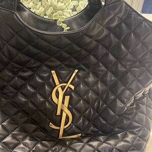 Yves Saint Laurent Black Quilted Tote with Gold Logo